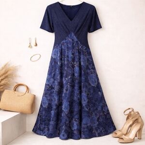 Carole Little Blue Faux Wrap Maxi Dress Size 14 Elegant Evening Floral